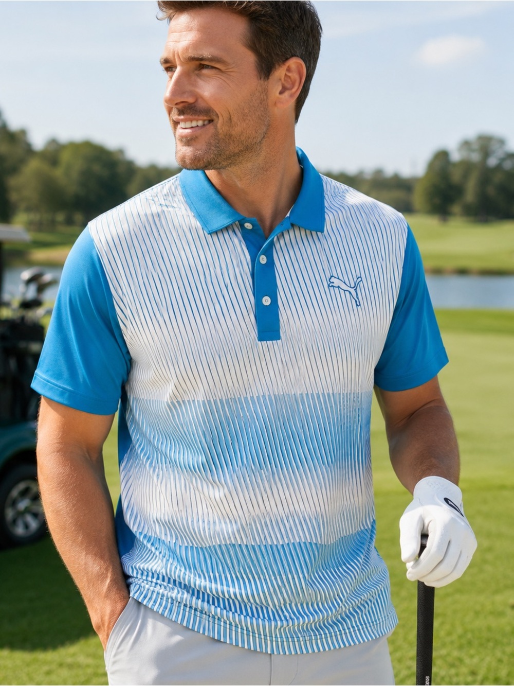 Puma Golf DryCELL Blue White Striped Performance Polo Shirt Men’s Large